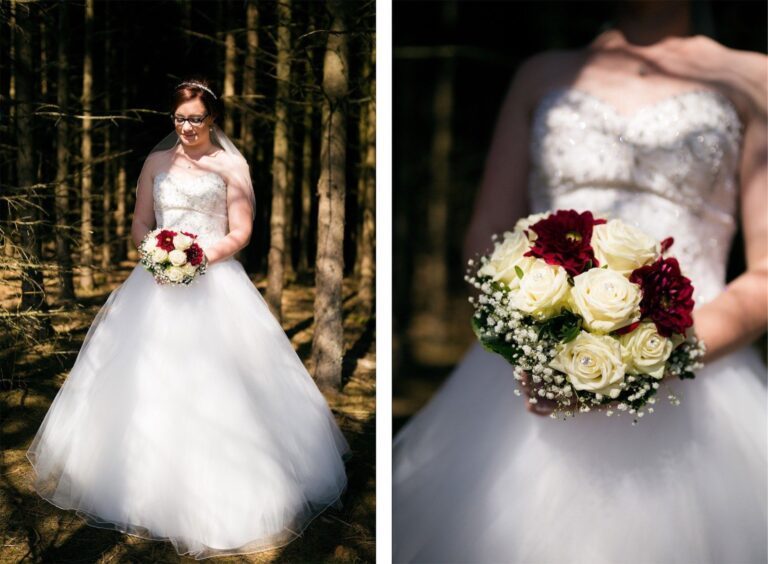 Romantisches Brautporträt im Hochzeitskleid im Wald in Breidenbach